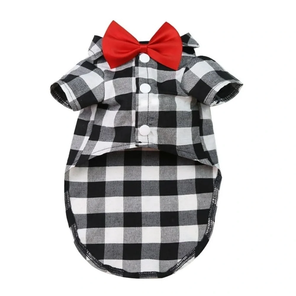 NWOT Stylish Black and White Checkered Dog Shirt with Red Bow Tie Size M